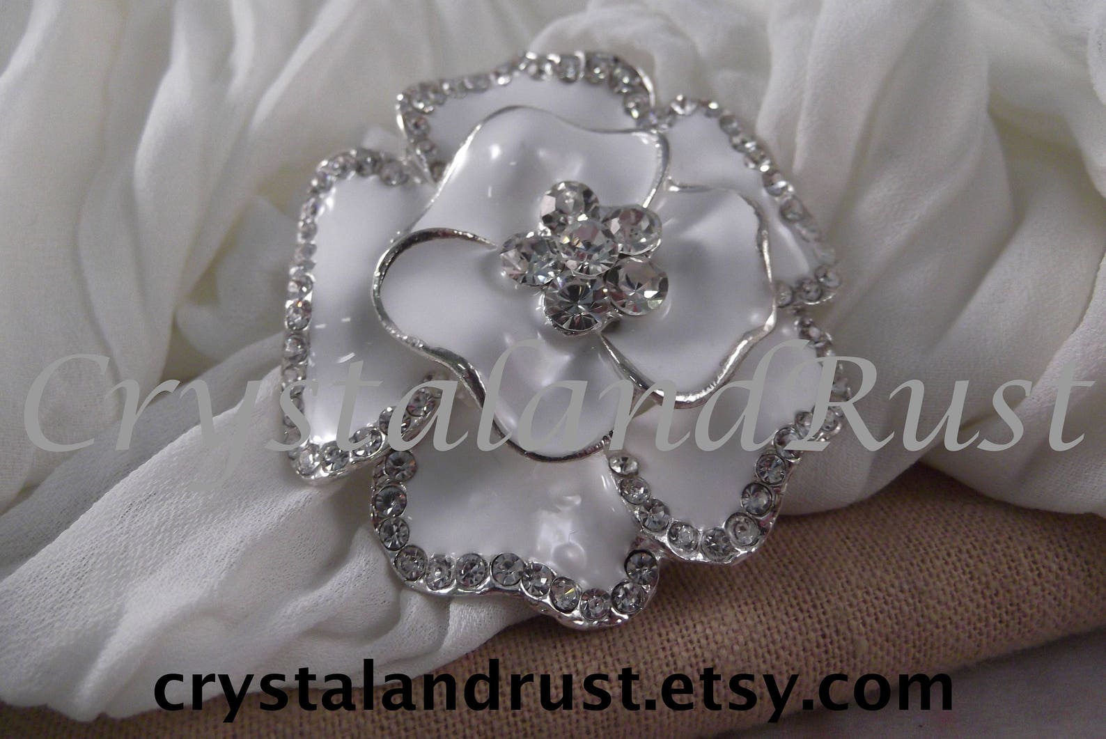 1 Beautiful White Enamel & Rhinestone Flower Brooch --- Silver Tone ...