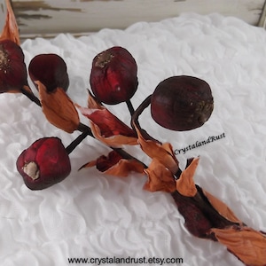 May include: A sprig of faux burgundy berries with brown dried leaves. The berries have a slightly textured surface and are arranged on a white ruffled fabric background.