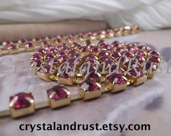 6mm --- Fuchsia Rhinestone Cup Chain --- Gold Base Metal --- 1 yard (36 inch)