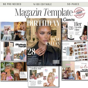 Pode incluir: Modelo de revista com uma capa com uma mulher de cabelo loiro. A revista inclui o texto "BIRTHDAY EDITION" e "28". Páginas adicionais mostram fotos e texto, com as palavras "Canva" e "+GIFT".
