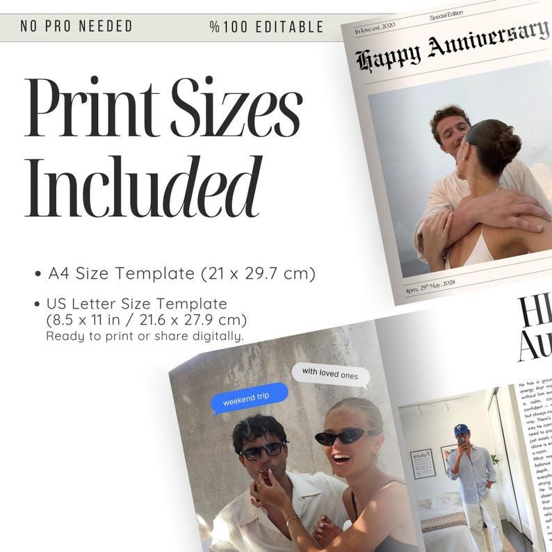 May include: A digital print template with the text "Print Sizes Included". Includes A4 size (21 x 29.7 cm) and US Letter size (8.5 x 11 in / 21.6 x 27.9 cm) templates. The image also features a "Happy Anniversary" newspaper-style design and photos.