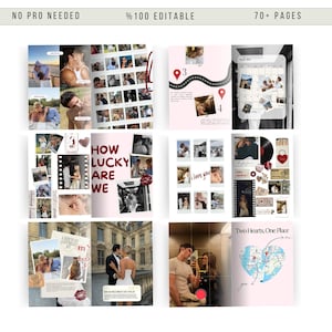 May include: A digital scrapbook with a pink and white theme, featuring photos of couples, travel, and love. The text includes "How Lucky Are We" and "Two Hearts, One Place". The scrapbook is 100% editable and has 70+ pages.