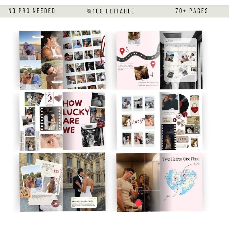 May include: A digital scrapbook with a pink and white theme, featuring photos of couples, travel, and love. The text includes "How Lucky Are We" and "Two Hearts, One Place". The scrapbook is 100% editable and has 70+ pages.