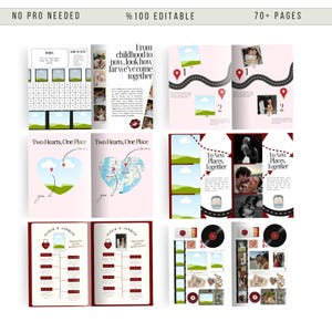 May include: A wedding scrapbook template with a pink and white color scheme. The pages include photo placeholders, map illustrations, and the text "Two Hearts, One Place" and "To New Places, Together". The text "From childhood to now, look how far we've come together" is also visible.