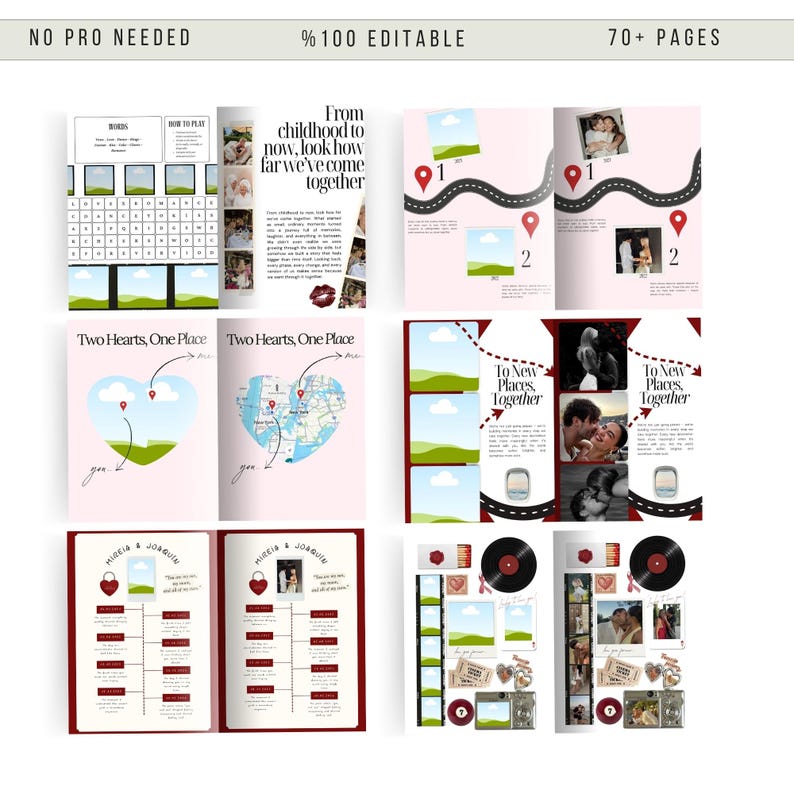 May include: A wedding scrapbook template with a pink and white color scheme. The pages include photo placeholders, map illustrations, and the text "Two Hearts, One Place" and "To New Places, Together". The text "From childhood to now, look how far we've come together" is also visible.