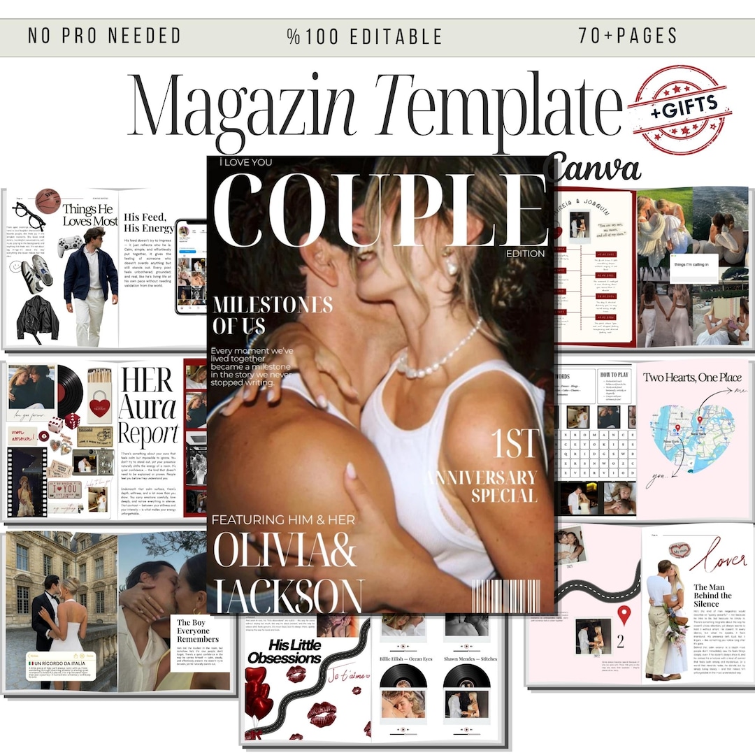 Couple Magazine Template Canva, Anniversary Gift for Boyfriend Girlfriend, Editable Love M