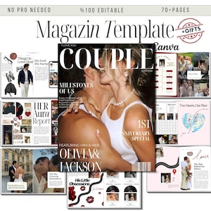 Pode incluir: Um modelo de revista com o título "Magazin Template" e a palavra "Couple" em letras grandes. A capa apresenta um casal se beijando. O modelo inclui páginas com fotos e texto, com as palavras "1st Anniversary Special".