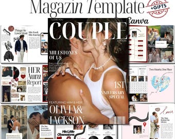 Plantilla de revista para parejas en Canva, regalo de aniversario para novios, revista de amor editable, libro de recuerdos de la relación, más de 70 páginas.