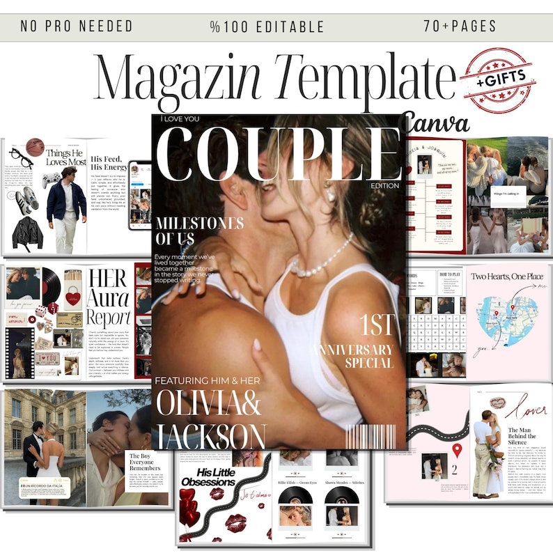 May include: A magazine template with the title "Magazin Template" and the word "Couple" in large letters. The cover features a couple kissing. The template includes pages with photos and text, with the words "1st Anniversary Special".