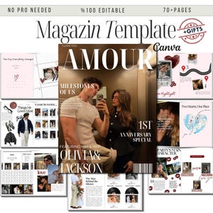 May include: A magazine template with the title "Magazin Template" and the word "AMOUR" in large letters. The template includes pages with photos, text, and graphics. The cover features a couple taking a selfie. Text includes "1st Anniversary Special".