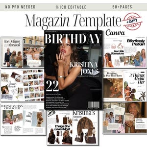Könnte beinhalten: Magazin-Vorlage mit dem Titel "Magazin Template" und dem Text "Birthday Edition" mit einer Frau auf dem Cover. Die Vorlage enthält verschiedene Layouts mit Fotos und Text, mit dem Text "No Pro Needed" und "100% Editable".