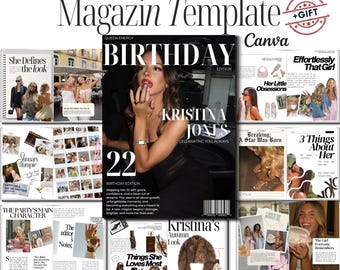 Plantilla de revista de cumpleaños / Periódico rosa adorable de Canva / Regalo estético para tu mejor amiga / Descarga digital editable