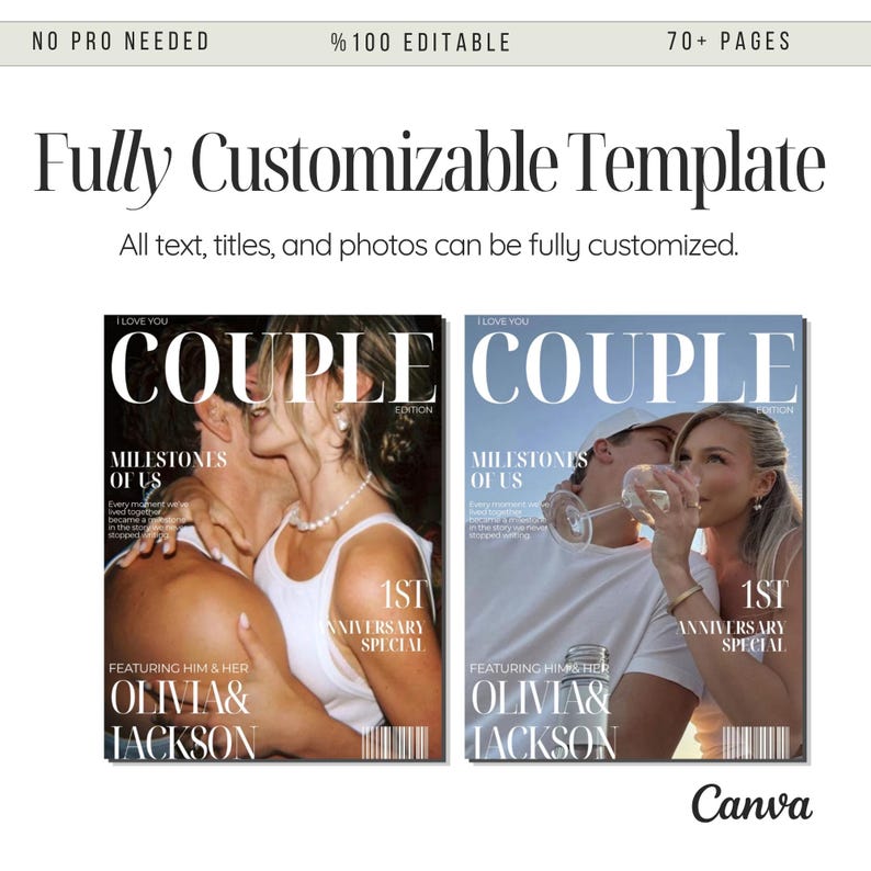 May include: A template design with the text "Fully Customizable Template". The design includes two magazine covers with the word "COUPLE" and the text "MILESTONES OF US" and "1ST ANNIVERSARY SPECIAL". The template is 100% editable.