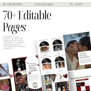 May include: A magazine template with the text "70+ Editable Pages." The pages feature photos and text, including "Taylor Swift - Lover," "The Weeknd - Die For You," and "The Boy Everyone Remembers." The magazine is designed for customization.