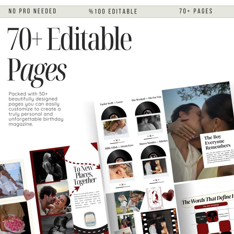 May include: A magazine template with the text "70+ Editable Pages." The pages feature photos and text, including "Taylor Swift - Lover," "The Weeknd - Die For You," and "The Boy Everyone Remembers." The magazine is designed for customization.