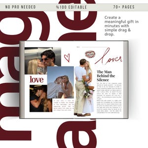 May include: A digital scrapbook layout with the word "love" and photos of couples kissing. The layout includes the text "The Man Behind the Silence" and the words "My man". The design is 100% editable and has over 70 pages.