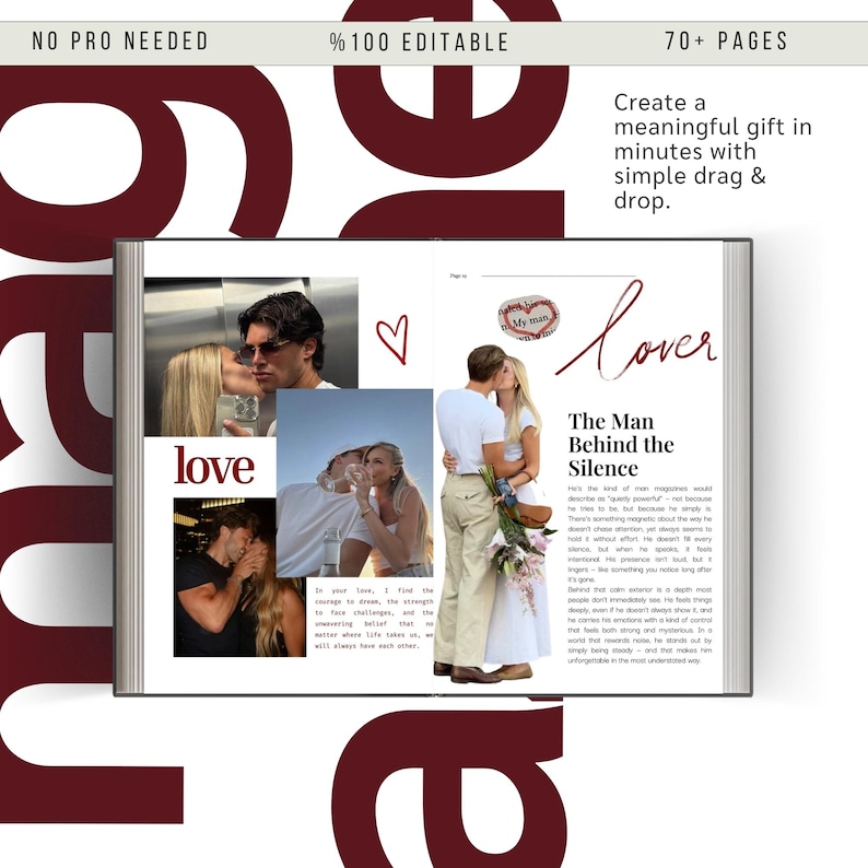 May include: A digital scrapbook layout with the word "love" and photos of couples kissing. The layout includes the text "The Man Behind the Silence" and the words "My man". The design is 100% editable and has over 70 pages.