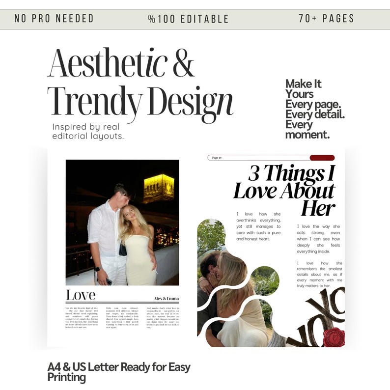May include: Aesthetic and Trendy Design template with the text "Aesthetic & Trendy Design" and "3 Things I Love About Her". The design includes photos of a couple and is ready for easy printing.