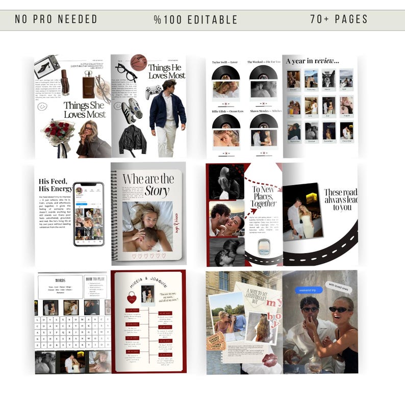 May include: A digital scrapbook layout with various images and text elements. The layout includes the text "NO PRO NEEDED", "%100 EDITABLE", and "70+ PAGES". Other text includes "Things He Loves Most", "Things She Loves Most", "His Feed, His Energy", "Whe are the Story", and "To New Places Together".