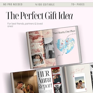 May include: A photo album with the text "The Perfect Gift Idea" and "For best friends, partners & loved ones!". The album features photos, text, and a map design. The words "Two Hearts, One Place" and "HER Aura Report" are also visible.