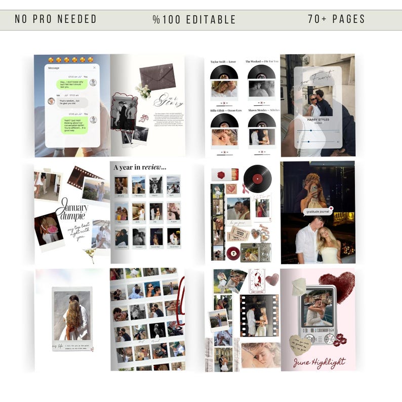 May include: A digital scrapbook template with various layouts. The pages include photos, text, and decorative elements. Text includes "January dumpie", "A year in review...", and "June Highlight". The template is 100% editable and has over 70 pages.