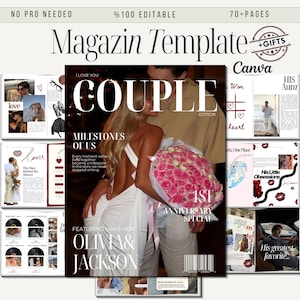 Op de afbeelding: Magazinesjabloon met een romantisch thema. De cover toont een stel met een boeket roze rozen. Tekst bevat "COUPLE", "MILESTONES OF US" en "1ST ANNIVERSARY SPECIAL". Extra pagina's tonen foto's en tekst.