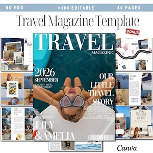 Può includere: Un modello di rivista di viaggio digitale da 40 pagine con una copertina che mostra una persona in piscina con occhialini. Il testo in copertina recita Travel Magazine, 2026 September, Our Little Travel Story e Lily & Amelia.