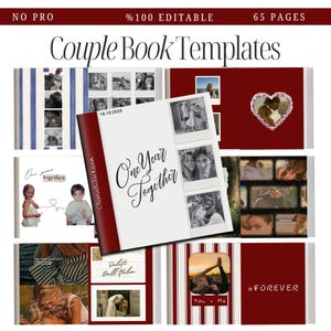 Op de afbeelding: Een verzameling digitale fotoboeksjablonen voor koppels met 65 bewerkbare pagina's. De ontwerpen bevatten witte en donkerrode kleurenschema's, fotokaders en tekstelementen zoals One Year Together, Olivia & Jackson en =FOREVER.