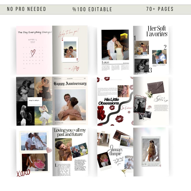 May include: A digital scrapbook template with a romantic theme. The pages feature photos of couples, hearts, and the words "Love," "Happy Anniversary," and "Loving you > all my past and future." The text "No Pro Needed" and "100% Editable" are also visible.