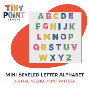 May include: A digital needlepoint pattern titled Mini Beveled Letter Alphabet by Tiny Point Studio. The image displays a complete alphabet from A to Z, featuring letters with a beveled, pixelated design in various colors including green, pink, yellow, blue, and purple.