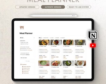 Meal Planner Notion Template, Organize your Recipes and Manage your Grocery List