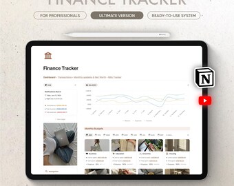 Notion Finance Tracker Template, Expense Income Net Worth Budget Bills