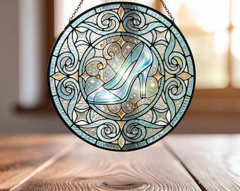 Cinderella Glass Suncatcher, Magical Stained Glass Window Decor, Princess Fairy Tale Keepsake Orname, Icy Blue Crystal Shoe Gift for Fans 18