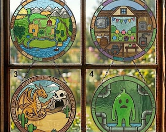 Personalized Stardew Valley Stained Glass Suncatcher, Junimo Abigail Wizard Maru Linus Window Decor, Cozy Gamer Gift, Pelican Town Ornament