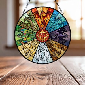 May include: A round stained glass window featuring a dragon theme. The window is divided into segments, each depicting a different dragon in various colors, including red, green, blue, and gold. A central design features a fiery emblem. The window is suspended by a chain.