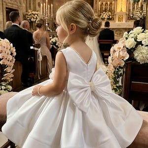 Può includere: Un abito bianco senza maniche con scollo a V decorato con piccole perle bianche lungo il bordo. Il retro dell'abito presenta un grande fiocco in raso strutturato in vita, impreziosito da un gruppo centrale di perle bianche.
