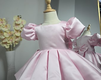 Vestido Rosa Primer Cumpleaños Niña, Mangas Abullonadas, Traje Elegante de Gala 1 Año, Vestido Princesa Sesión Fotos, Bautizo y Fiesta Bebé