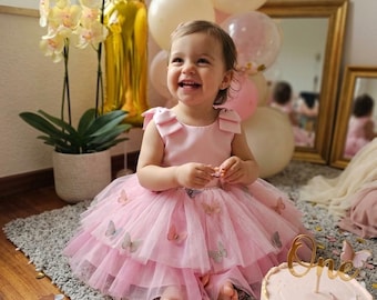 Abito per il primo compleanno da bambina con farfalle 3D e fiocco di paillettes, completo rosa per baby shower, ideale per il servizio fotografico "smash cake", prodotto in Spagna e spedizione in UE.