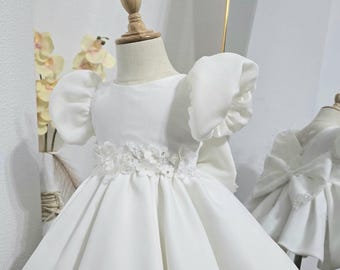 Vestido Bautizo Niña Blanco con Mangas Abullonadas, Traje de Arras y Ceremonia, Vestido Primer Cumpleaños Elegante con Flores 3D y Gran Lazo