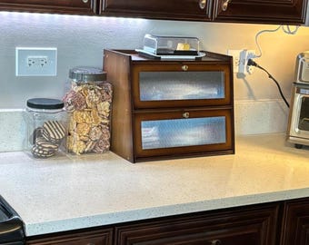 Double Layer Large Bamboo Bread Box, Bread Storage Bin, Vintage Bread Box, Roll Top Bread Box, Bread Keeper, Countertop Organizer