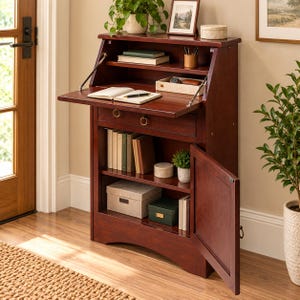 May include: A dark wood secretary desk featuring a drop-down writing surface, a single drawer with two ring pulls, and an open lower cabinet with one hinged door. The desk contains shelves holding books, storage boxes, and a small potted plant.