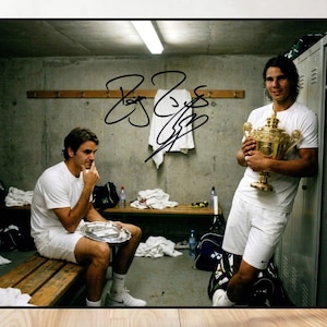 Poster di Roger Federer e Rafael Nadal a Wimbledon, leggende del tennis, firmato da un'opera d'arte da parete (stampa 8x10)