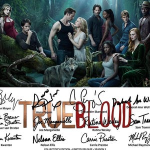 May include: A promotional poster for the television series "True Blood" featuring a cast of characters in a forest setting. The poster includes the show's title, cast signatures, and the text "Collector's Edition - Limited Release - Season 3."