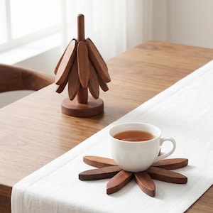Houten hittebestendige theeonderzetter | Set onderzetters met boomsculptuur | Keukentafelbeschermer | Minimalistische woondecoratie