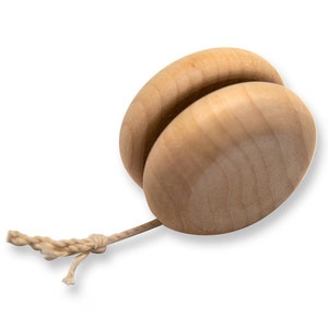 May include: A wooden yo-yo with a natural finish and a string attached.