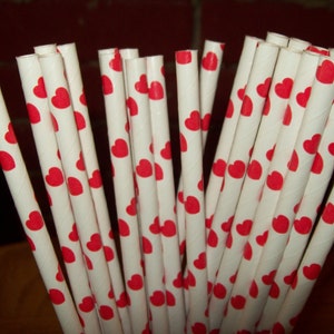 25  Red Hearts & White Paper Drinking Straws  Wedding Valentines Birthday