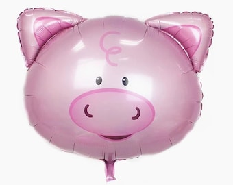 Könnte beinhalten: Rosafarbener Folienballon in Form eines Schweins mit einem eingerollten Schwanz und einem niedlichen Schweinegesicht aus Zeichentrick.