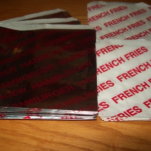 Retro Foil Hamburger Bags & French Fries Bags  Holders Picnic Cookout Birthdays  Set of 50