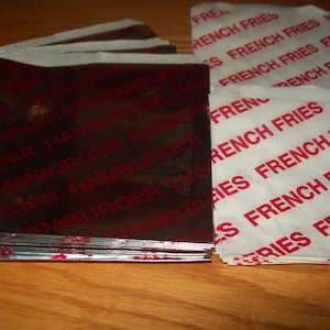 Retro Foil Hamburger Bags & French Fries Bags Holders Picnic Cookout Birthdays Set of 50