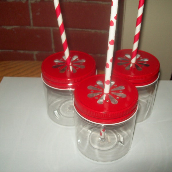 Set of 10 Red  Daisy  lids with Plastic Jars 8oz Kids Parties Unbreakable Jars